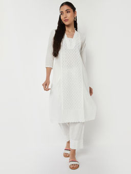max - Off White Cotton Blend Embroidered Kurta