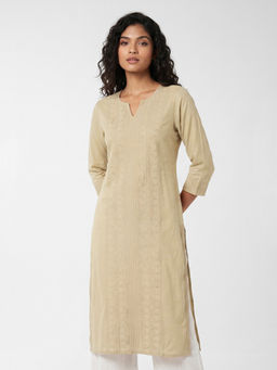 max - Beige Cotton Blend Embroidered Kurta