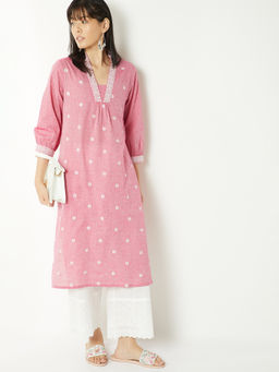 max - Red Chambray Embroidered Kurta