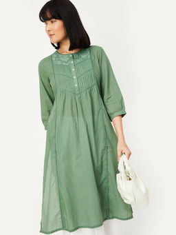 max - Green Cotton Blend Stripes Print Kurta