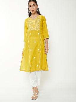 max - Yellow Cotton Blend Embroidered Kurta