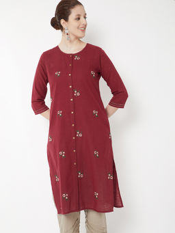 max - Maroon Cotton Blend Embroidered Kurta