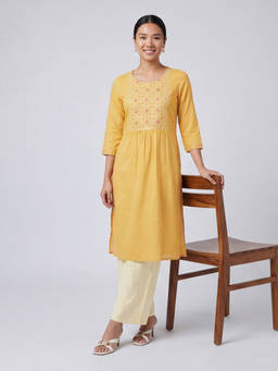 max - Yellow Cotton Blend Embroidered Kurta