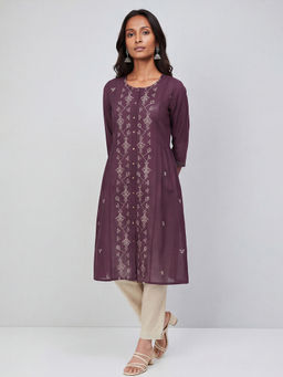 max - Wine Cotton Blend Embroidered Kurta