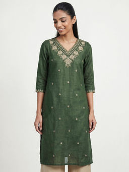 max - Olive Cotton Blend Embroidered Kurta