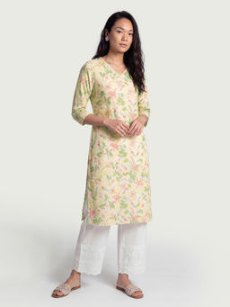 max - Yellow Cotton Blend Floral Print Kurta