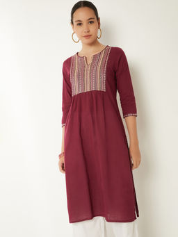 max - Wine Cotton Blend Embroidered Kurta