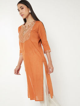 max - Rust Cotton Blend Embroidered Kurta