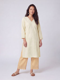 max - Off White Cotton Blend Embroidered Kurta
