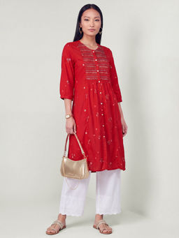 max - Red Rayon Embroidered Kurta
