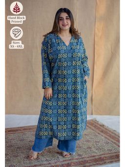 The Indian Ethnic Co. - Blue Ajrakh Hand Block Printed Cotton Jabba Kali Kurta