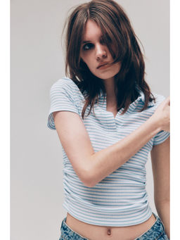 H&M - Women Blue Ribbed Collared Polo T-Shirt
