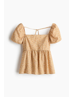 H&M - Women Beige Tie-Back Puff-Sleeved Top