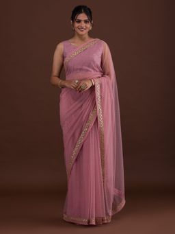 Koskii - Pink Sequin Net Saree With Unstitched Blouse