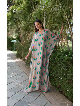 AFFROZ - Summer Bloom Printed Grey Kaftan Dress with Inner (Set of 2)