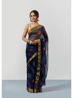 Sutra Attire - Navy Blue Tie and Dye and Bandhani Chiffon Saree with Unstitched Blouse
