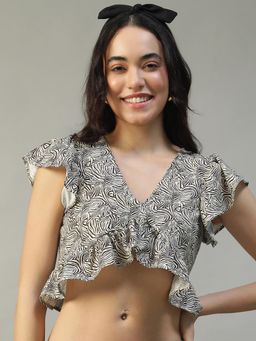 Oxolloxo - Women Black and White Printed V-Neck Top