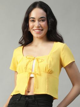 Oxolloxo - Women Textured Yellow Front Tie-Up Detail Top