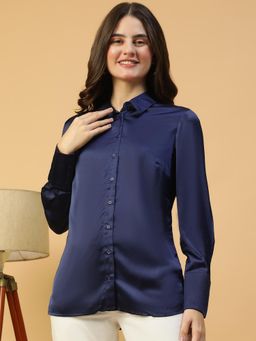 Oxolloxo - Women Solid Navy Blue Long Sleeves Satin Shirt