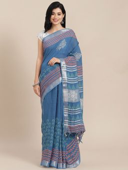 Yufta - Women Blue Hand Block Printed Cotton Linen Saree with Unstitched Blouse