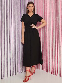 Styli - Black Button Detail Solid Crop Top And Maxi Skirt Co-ord (Set of 2)