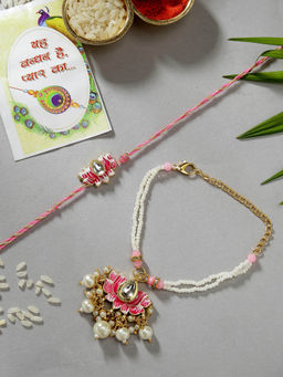 NVR - Pink Kundan Studded and Beaded Handcrafted Rakhi with Roli Chawal (Set of 3)