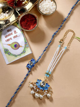 NVR - Kundan Studded and Beaded Handcrafted Rakhi with Roli Chawal (Set of 3)