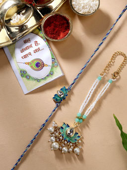 NVR - Kundan Studded and Beaded Handcrafted Wrap Around Rakhi with Roli Chawal (Set of 3)