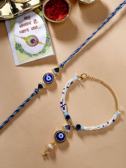 NVR - Blue Evil Eye Bhaiya Bhabhi Rakhi with Roli Chawal (Set of 3)
