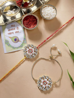 NVR - Gold Kundan Studded Bhaiya Bhabhi Rakhi with Roli Chawal (Set of 3)