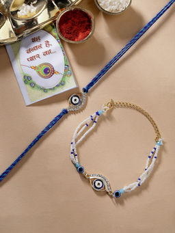 NVR - Blue Evil Eye Bhaiya Bhabhi Rakhi with Roli Chawal (Set of 3)
