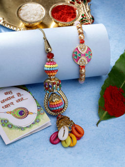 NVR - Multicolor Artificial Beads Bhaiya Bhabhi Rakhi with Roli Chawal (Set of 3)