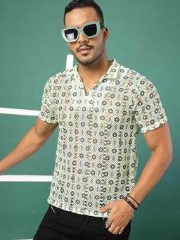 RIGO - Men Green Floral Crochet Polo T-Shirt