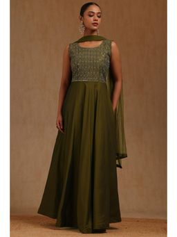 Soch - Olive Silk Embroidered Gown With Dupatta & Unstitched Sleeves