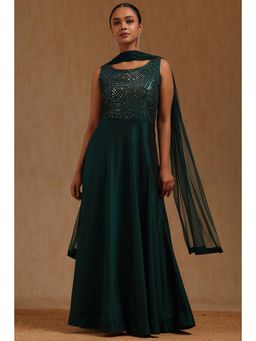 Soch - Green Silk Embroidered Gown With Dupatta & Unstitched Sleeves