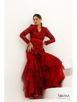 Akanksha Mago - Carmine Scarlet Red Jacket & Gharara (Set of 2)