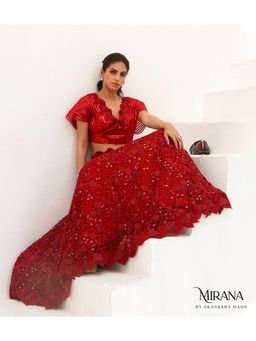 Akanksha Mago - Bela Scarlet Red Stitched Blouse & Lehenga (Set of 2)