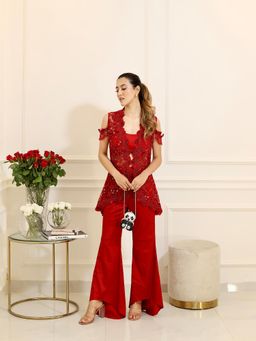 Akanksha Mago - Carie Red Jacket with Pant (Set of 2)