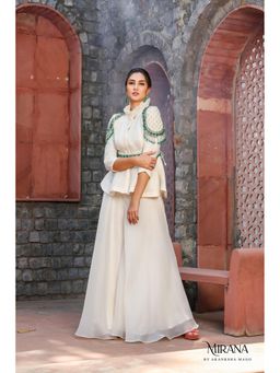 Akanksha Mago - Meher Off White Embellished Peplum Top with Sharara & Belt (Set of 3)