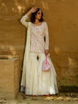 Akanksha Mago - Zoya Lemon Off White & Pink Short Kurta & Sharara with Dupatta (Set of 3)