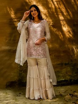 Akanksha Mago - Faiza Pink & Off White Kurta Gharara (Set of 3)