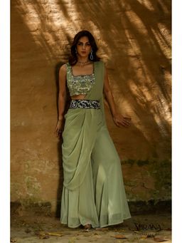 Akanksha Mago - Alina Green Blouse & Sharara with Belt & Draped Dupatta (Set of 4)