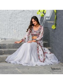 Akanksha Mago - Alia Embellished Grey Blouse with Cape & Lehenga (Set of 3)