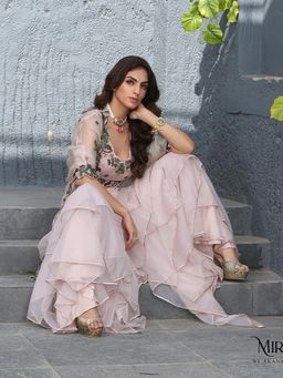 Akanksha Mago - Serena Peach Blouse 3 Dimensional Layered Gharara with Dupatta (Set of 3)