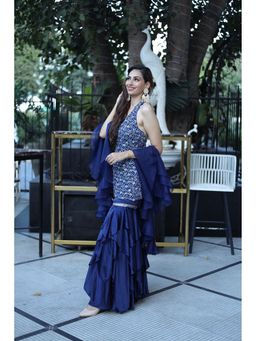 Akanksha Mago - Tahira Halter Style Kurta with Layered Sharara Pant (Set of 3)