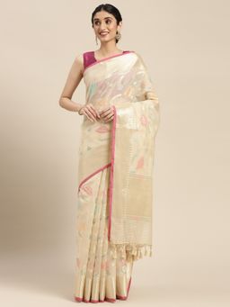 Banarasi Silk Works - Beige Masrise Cotton Tilfi Jaal Zari Border Saree with Unstitched Blouse