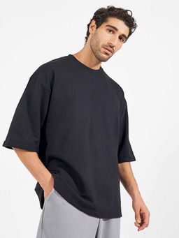 Styli - Men Solid Boxy Fit Terry T-Shirt with Rolled Sleeve