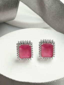 Priyaasi - Magenta American Diamond Silver Plated Geometric Stud Earrings