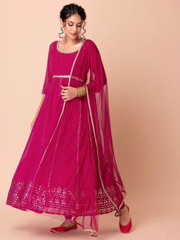 Indya Luxe - Dark Pink Gota and Foil Work Anarkali Kurta with Churidar & Mesh Dupatta (Set of 3)
