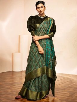 Odette - Turquoise Silk Blend Printed Saree with Unstitched Blouse